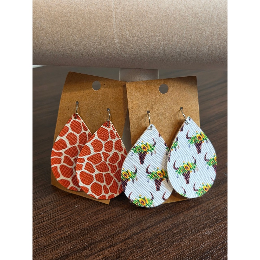 Western Faux Leather Teardrop Earrings Set Giraffe Print Bull Skull Sunflower